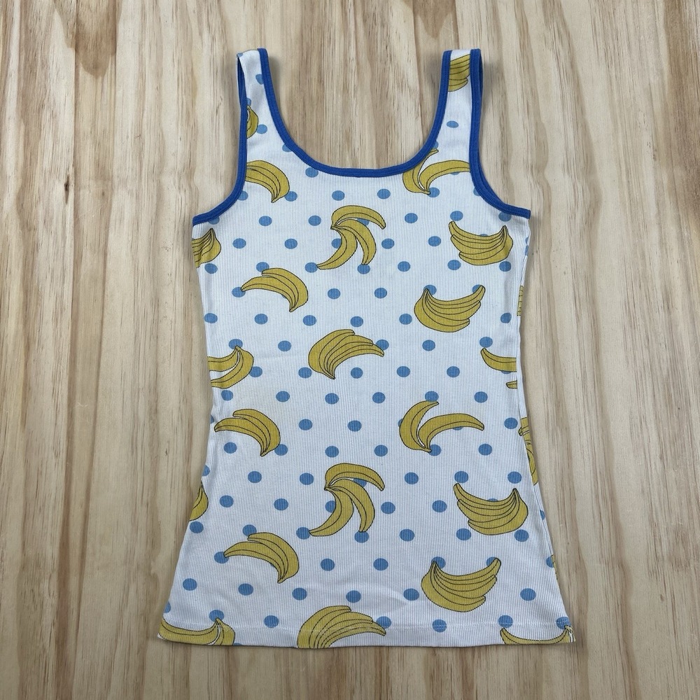Scrapbook Womens M Blue Polka Dot Banana All Over Print Short Sleeve Top Fruit